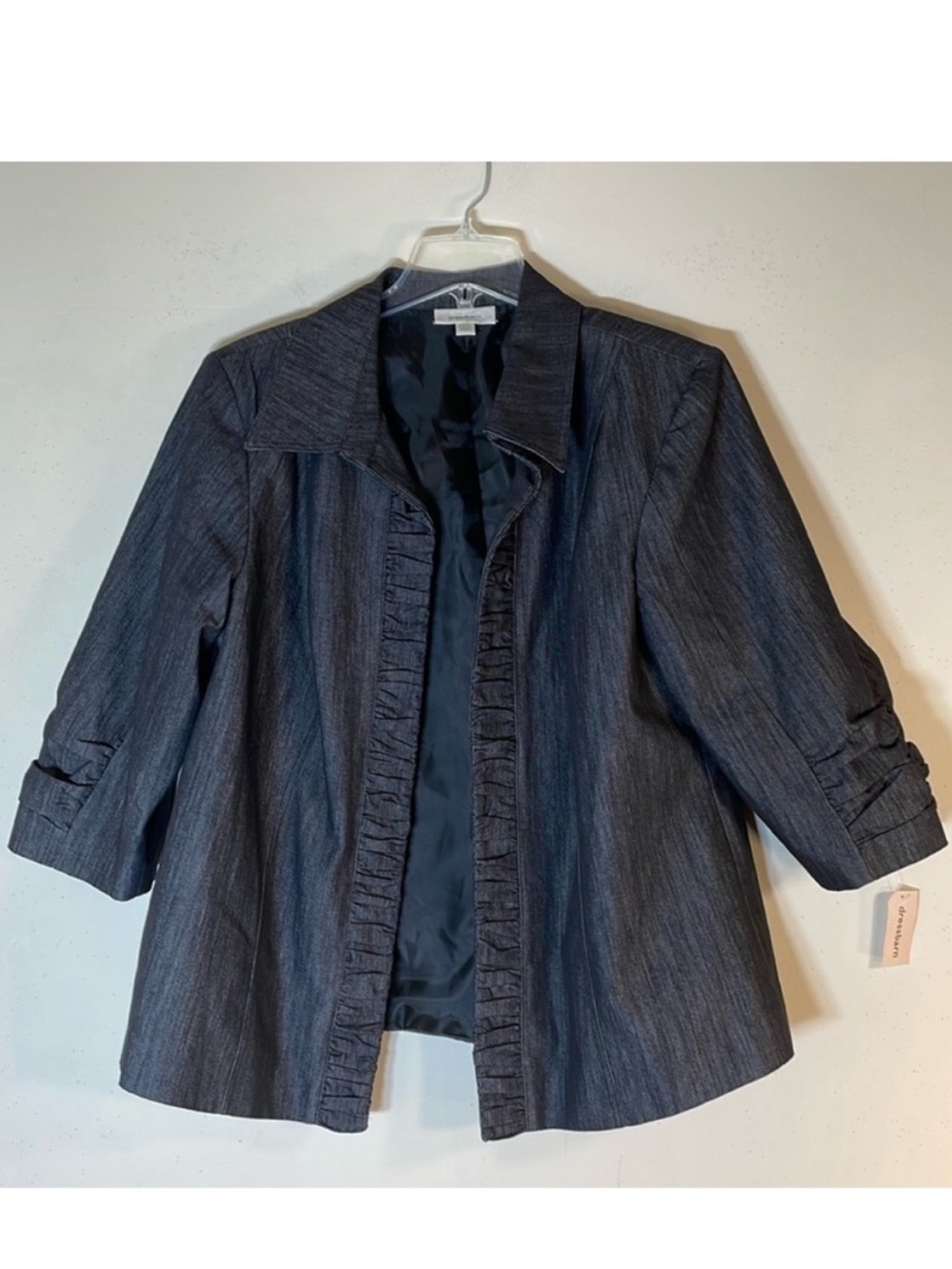 Dress Barn Open Front Rushed Denim Jacket. 14/16. NWT.